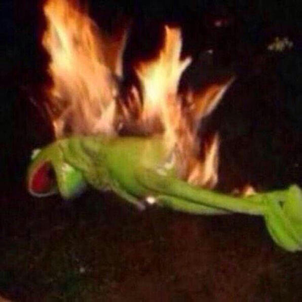 A photo of Kermit from The Muppets. He is a green frog puppet, he is in the ground and on fire with his mouth open